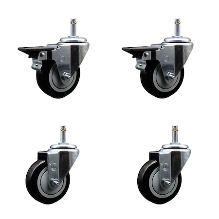 Service Caster 3.5'' Black Poly Wheel Swivel 7/16'' Grip Ring Stem Caster Set 2 Brakes, 4PK GR20S3514-PPUB-BLK-PLB-716138-2-S-2